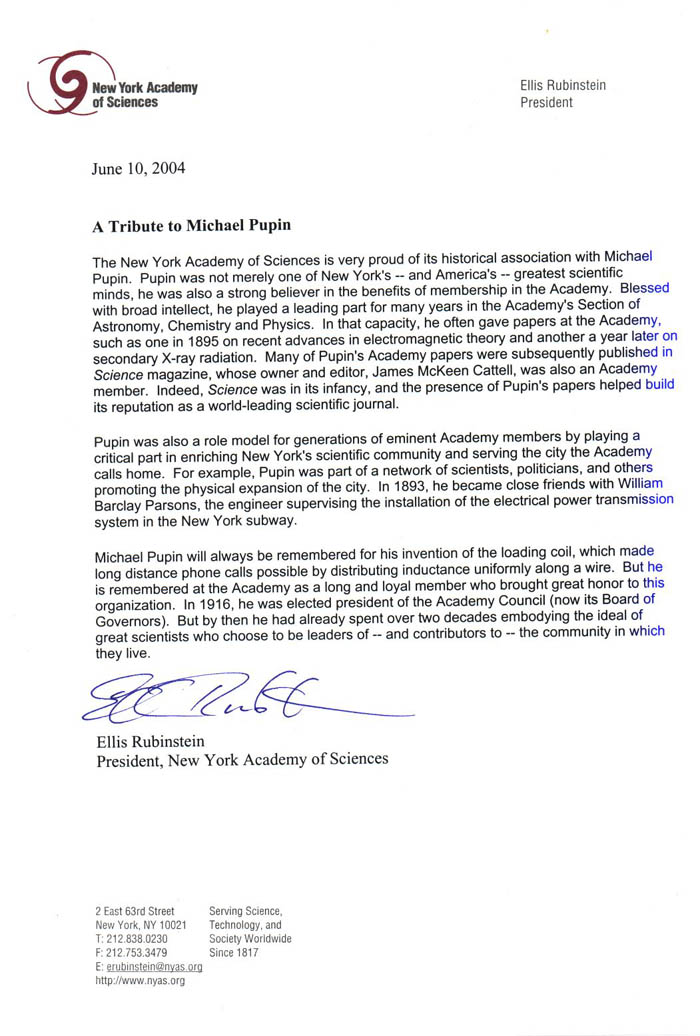 New York Academy of Sciences - A Tribute to Michael Pupin